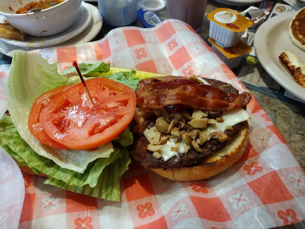 Hamburger with Swiss and Canned Mushrooms Add Bacon